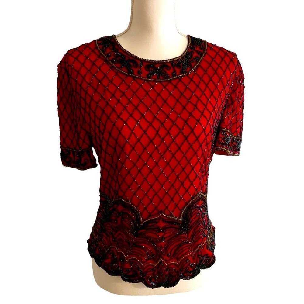 Papell Evening Silk Sequin Christmas Top Blouse Size Medium